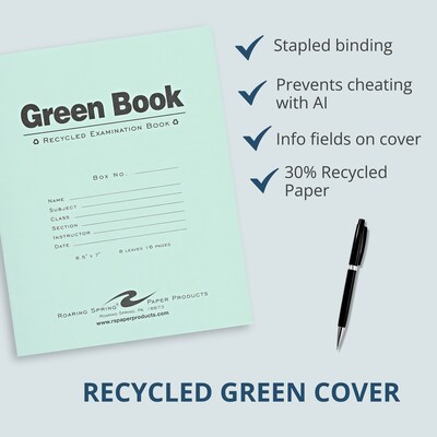 Roaring Spring Paper Products Exam Notebooks, 7" x 8.5", Wide Ruled, 8 Sheets, Green, 600/Case (77508CS)