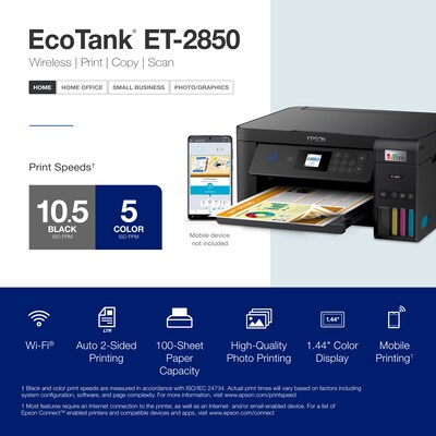 Epson EcoTank ET-2850 ET-2850-B Wireless Color Inkjet Printer, All-In-One Supertank, Print, Scan, Copy (9472540)