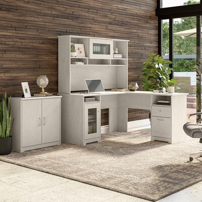 Bush Furniture Cabot 60" L-Shaped Desk with Hutch and Small Storage Cabinet, Linen White Oak (CAB016LW)