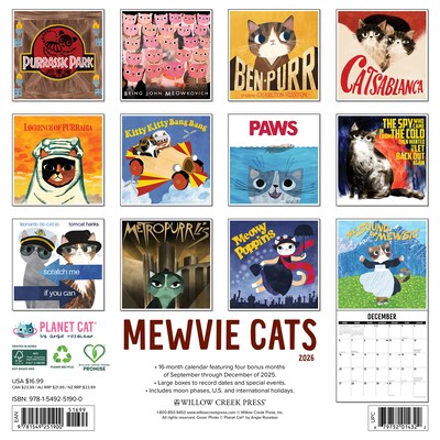 2026 Willow Creek Mewvie Cats 12 x 12 Monthly Wall Calendar (51900)