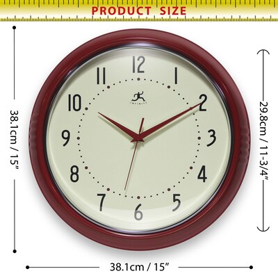 Infinity Instruments Round Retro Red Wall Clock, Aluminum, 15" (10940RD-15)
