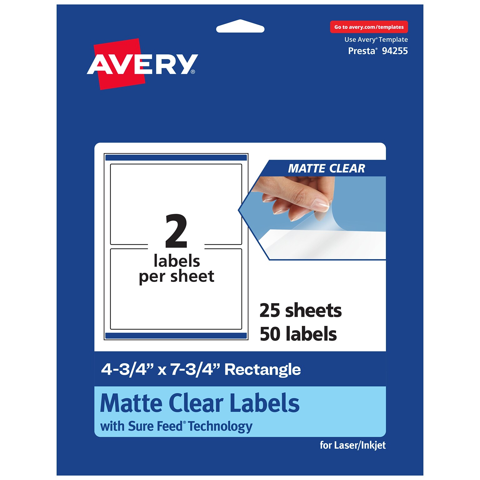 Avery Laser/Inkjet Rectangle Multipurpose Labels, 4-3/4 x 7-3/4, Clear, 50/Pack (94255)