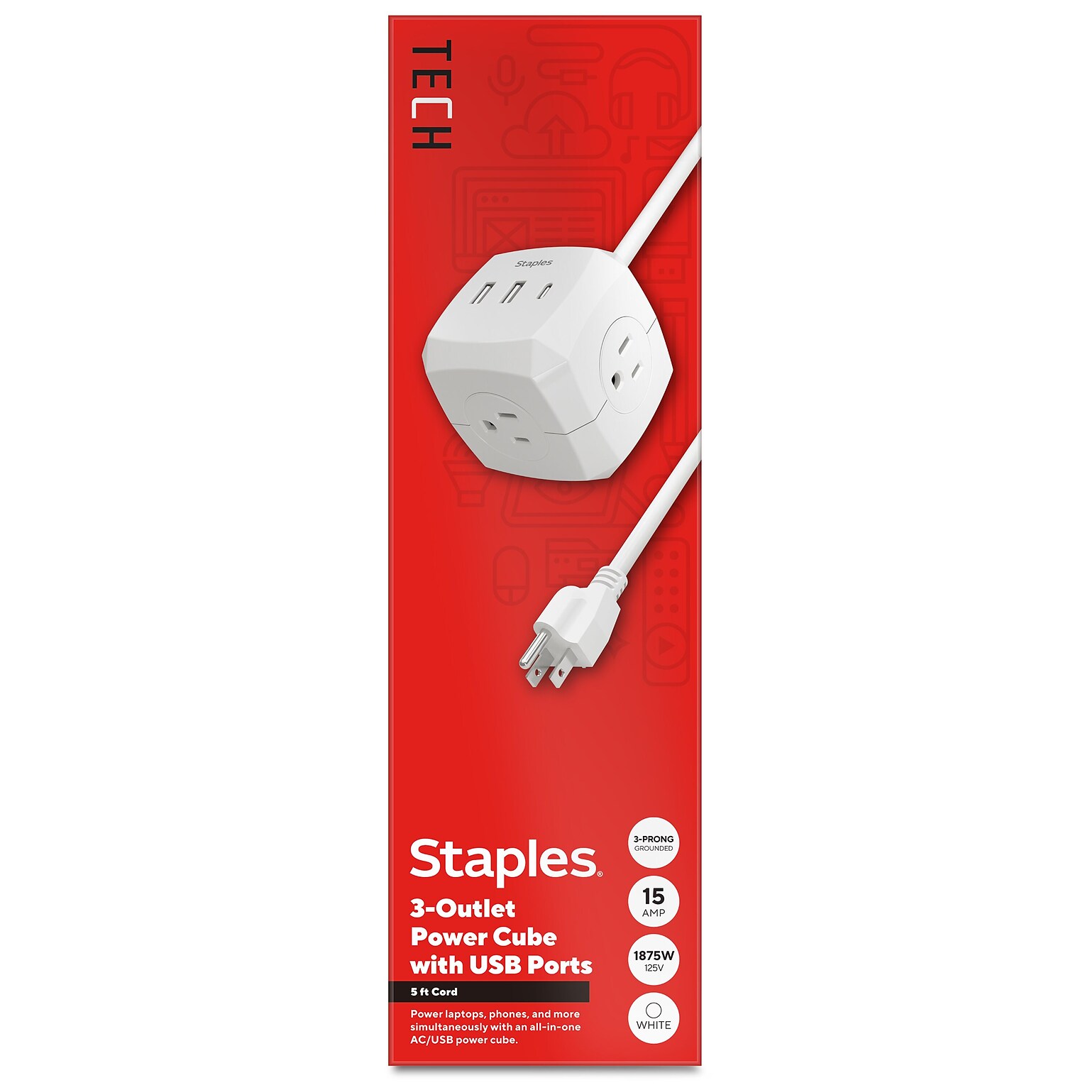 Staples TECH 5 Extension Cord, 3-Outlet, 14 AWG, White (ST62348)