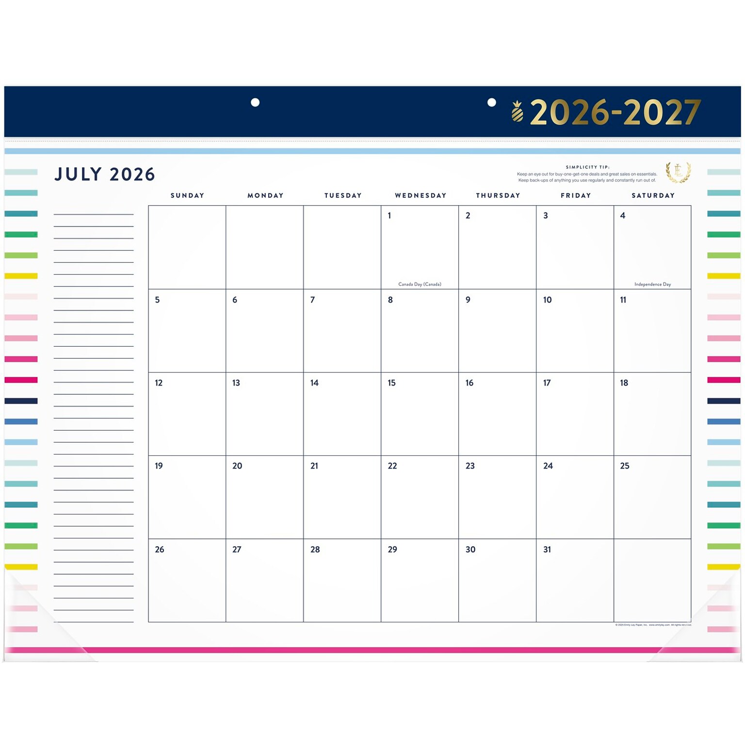 2026-2027 AT-A-GLANCE Simplified by Emily Ley 21.75 x 17 Happy Stripe Academic Monthly Desk Pad Calendar (EL49-704A-27)