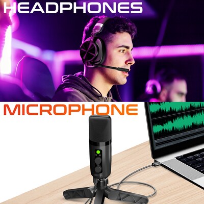 Delton M320 RGB Condenser Microphone and ANC Bluetooth Computer Headphones Podcast & Recording Kit, Black (DRU3000BD3)