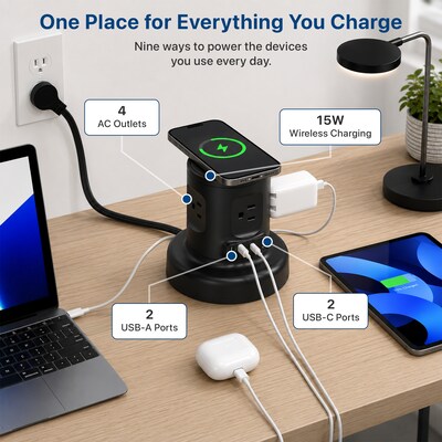 Uncaged Ergonomics USB-C Wireless 6 ft. Retractable Power Strip with 15W Wireless Charger, 4-Outlet, Black (WRPS-2-Black)