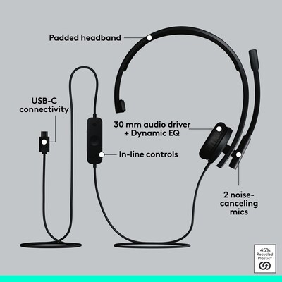 Logitech H570e USB-C Noise Canceling Mono Over-the-head Headset, MT Certified (981-001425)