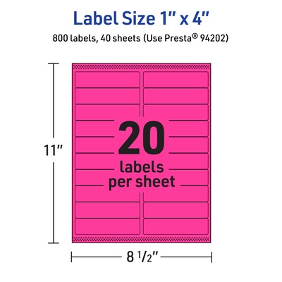 Avery Laser/Inkjet Rectangle Multipurpose Labels, 1" x 4", Neon Magenta, 800/Pack (94202)