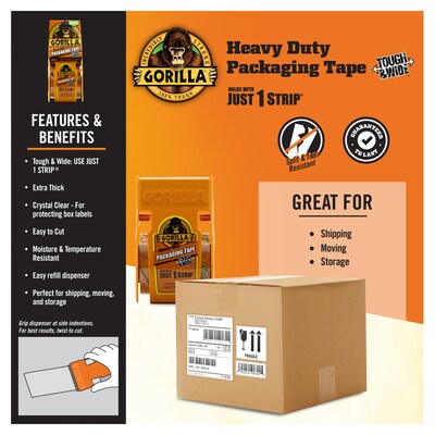 Gorilla Heavy Duty Tough & Wide Packaging Tape with Dispenser, 2.88" x 20 yds., Clear (6020001)