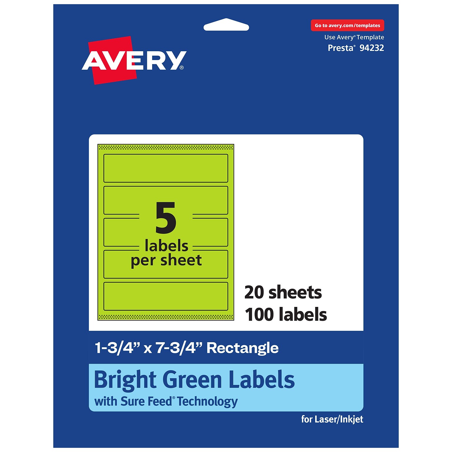 Avery Rectangle Multipurpose Labels, 1.75 x 7.75, Bright Green, 100/Pack (94232)