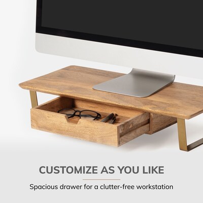 Anji Mountain Mango Wood & Metal Monitor Stand with Two USB Ports and Drawer, Up to 32" Monitor, Natural (MS-MNG-06GLD-PD)