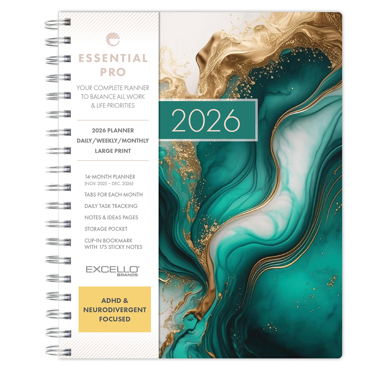 2026 Global Printed Products Essential Pro 7 x 9 Weekly & Monthly Planner, Paperboard Cover, Teal Gold Marble (ESPROCY267954)