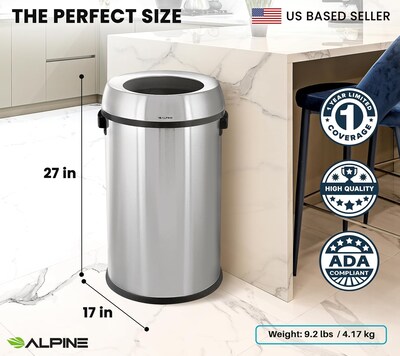 Alpine Industries Stainless Steel Compost and Trash Station with Open Lid, 17 Gallon, Silver, 2/Pack (ALP470-65L-CO-T)