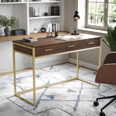 Martha Stewart Ollie 47W Home Office Desk with 3 Drawers, Walnut/Polished Brass (ZGZP028BRGLD)