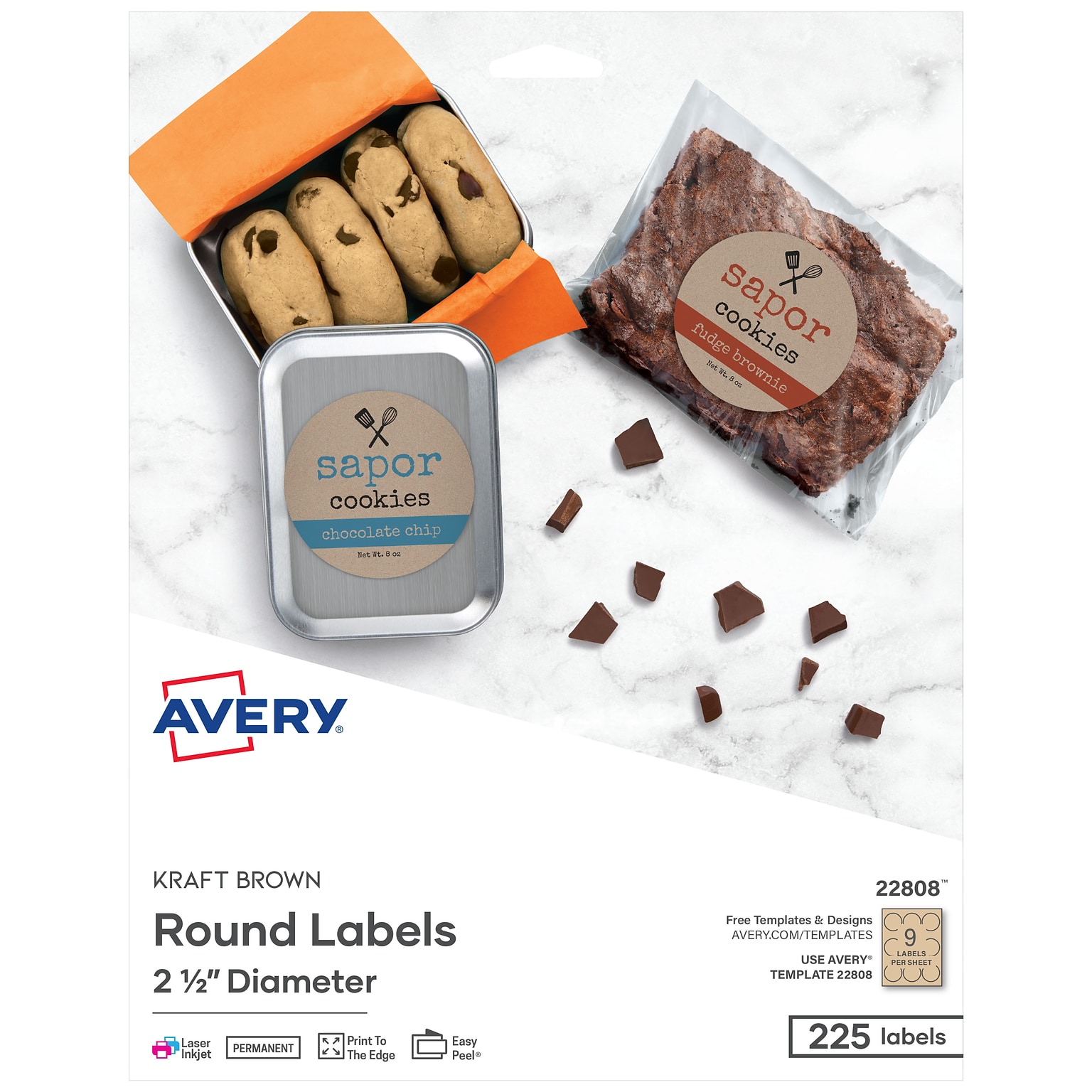 Avery Easy Peel Laser/Inkjet Round Labels, 2 1/2 Diameter, Kraft Brown, 9 Labels/Sheet, 25 Sheets/Pack, 225 Labels/Pack (22808)