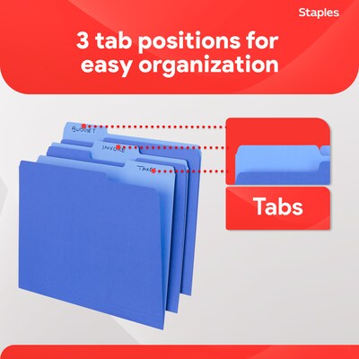 Staples File Folders, 1/3-Cut Tab, Letter Size, Blue, 100/Box (ST224527-CC)