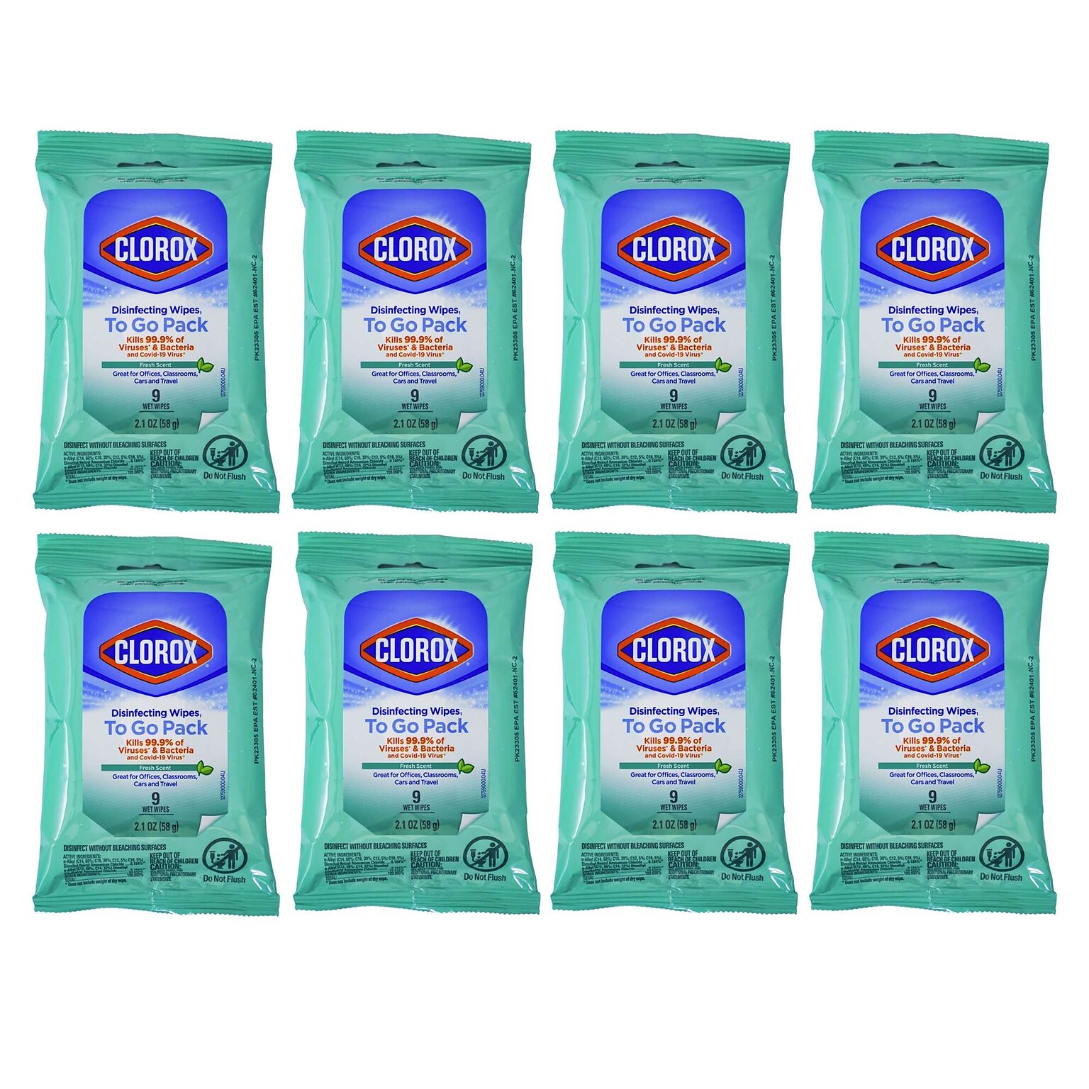 Clorox To Go Fresh Scent Disinfecting Wipes, 9 Wipes/Pack, 8 Packs/Bag, 12 Bags/Carton