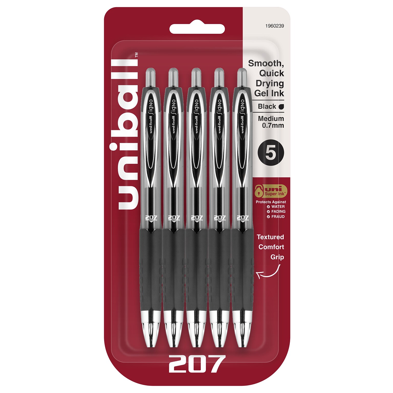 uni-ball 207 Retractable Gel Pens, Medium Point, 0.7mm, Black Ink, 5/Pack (1960239)