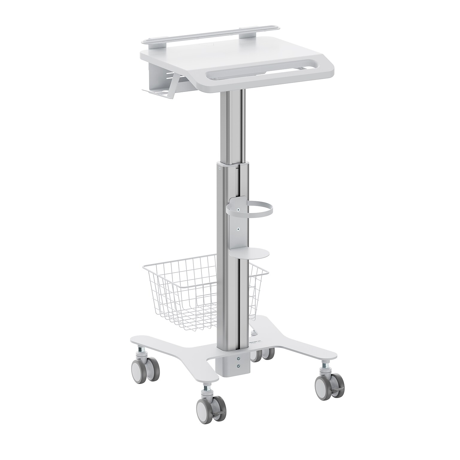 Mount-It! MedHub Height Adjustable Mobile Laptop Cart with Anti-Theft Bar, Storage, and Locking Wheels, White/Grey (MI-16030)