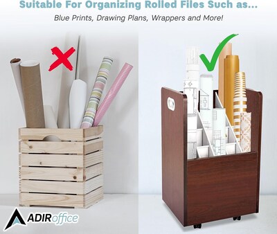 AdirOffice 20-Slot Mobile Roll File, Lockable, 24.75"H x 15.25"W x 13.25"D, Mahogany (624-MA-KIT1)