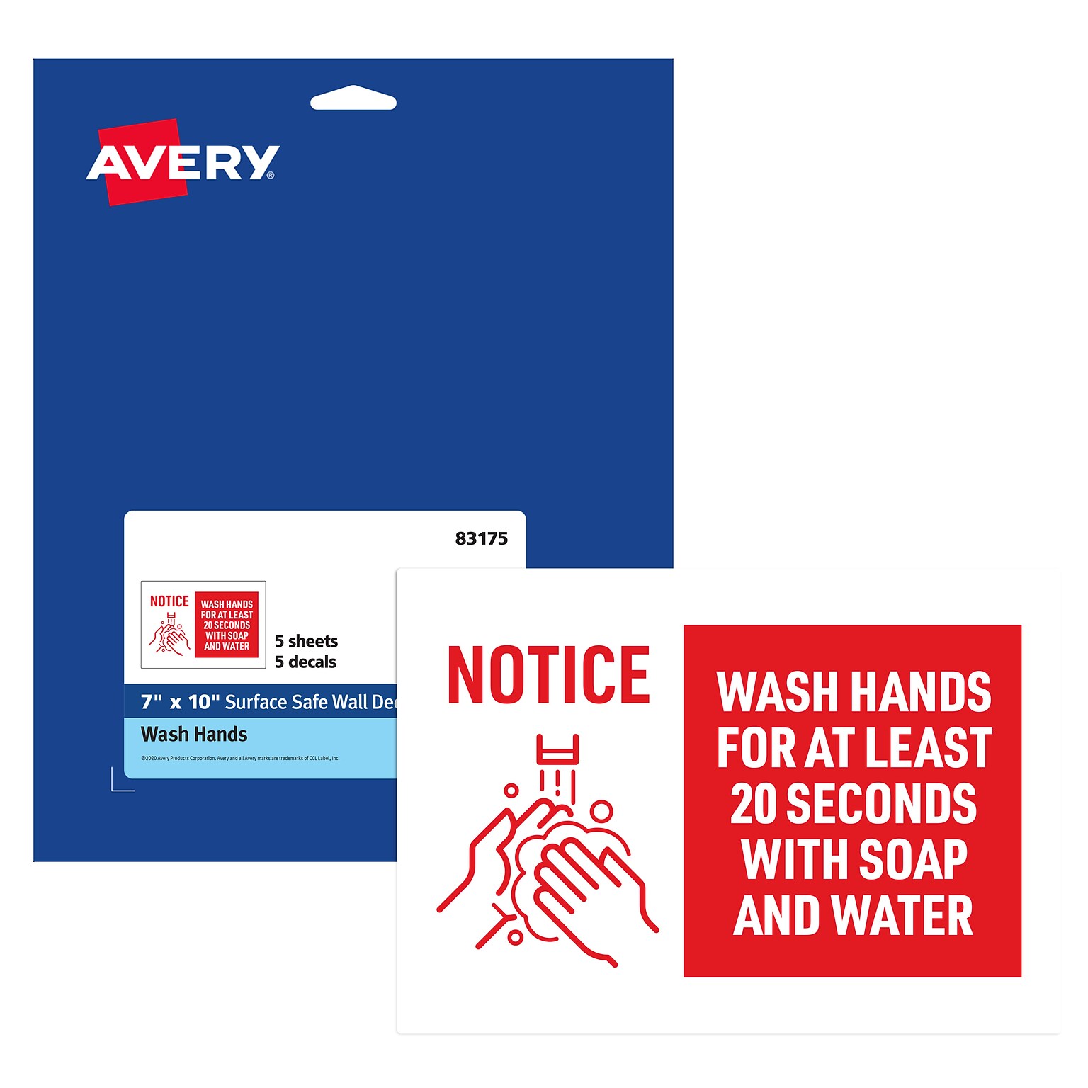 Avery Surface Safe Wash Hands Preprinted Wall Decals, 7 x 10, White/Red, 5/Pack (83175)