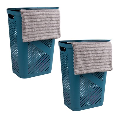 Mind Reader 15.85-Gallon Slim Laundry Hamper with Lid, Plastic, Blue, 2/Set (2HBIN60-BLU)