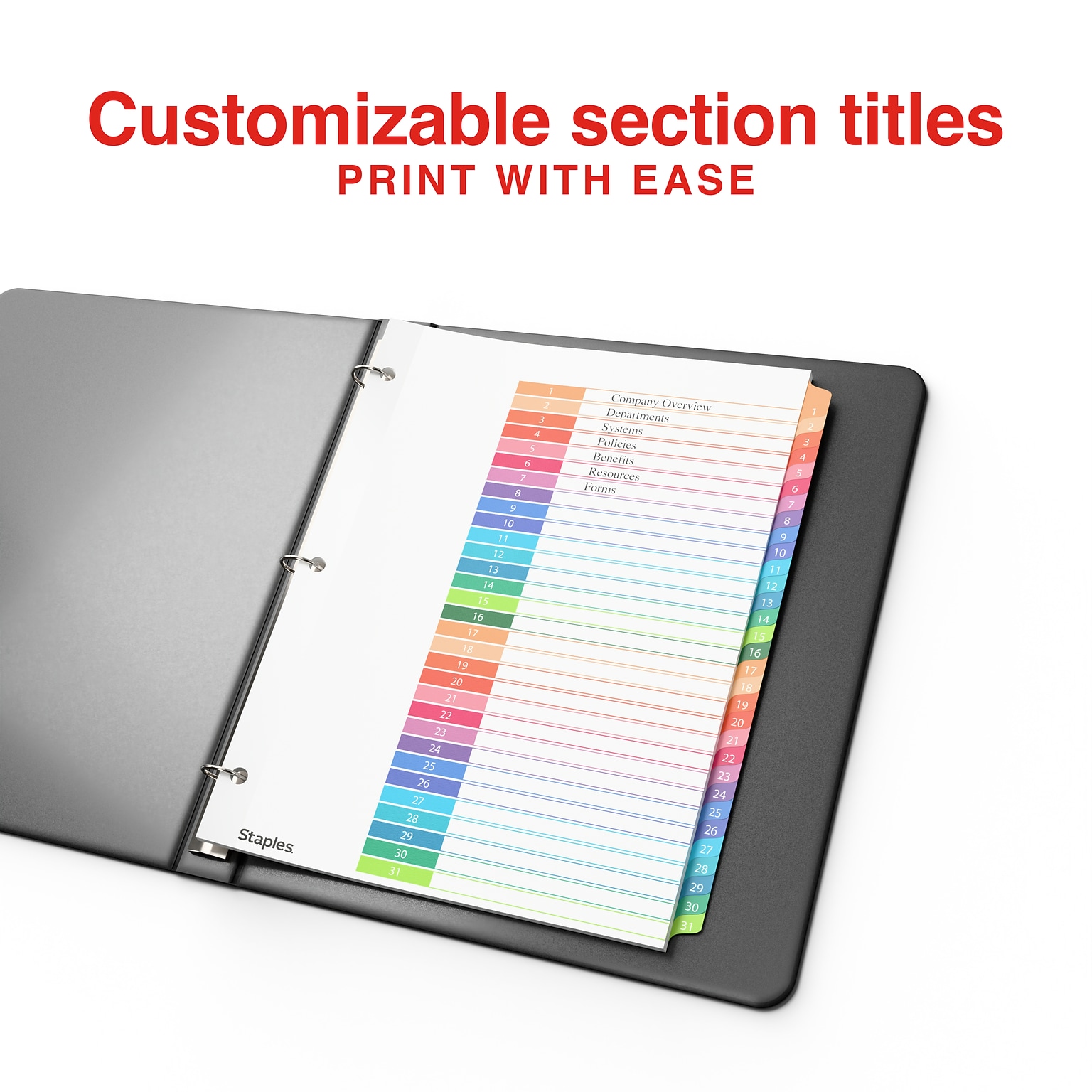 Staples Customizable Table of Contents Numeric Dividers, 1–31 Tabs, Multicolor