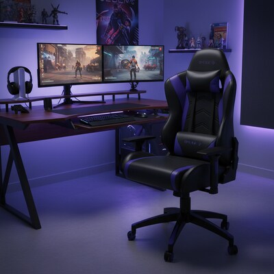 Quill Brand® Emerge Vartan Bonded Leather Gaming Chair, Blue/Black (53242)