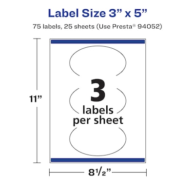 Avery Laser/Inkjet Oval  Waterproof Multipurpose Labels, 5"  Dia, White, 75 Labels/Pack (94052)