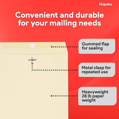 Staples Extra-Heavyweight Clasp & Moistenable Glue Catalog Envelopes, 9"L x 12"H, Manila, 100/Box (121962/19276)