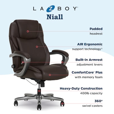 La-Z-Boy Niall AIR Lumbar Pro+ Ergonomic Vegan Leather Executive Big & Tall Chair, 400 lb. Capacity, Dark Brown (60114-DBRN)