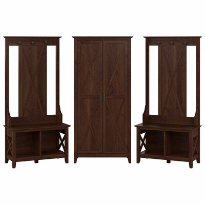 Bush Furniture Key West 66 Entryway Storage Set with Hall Tree, Shoe Bench, and Tall Cabinet, Bing Cherry (KWS057BC)