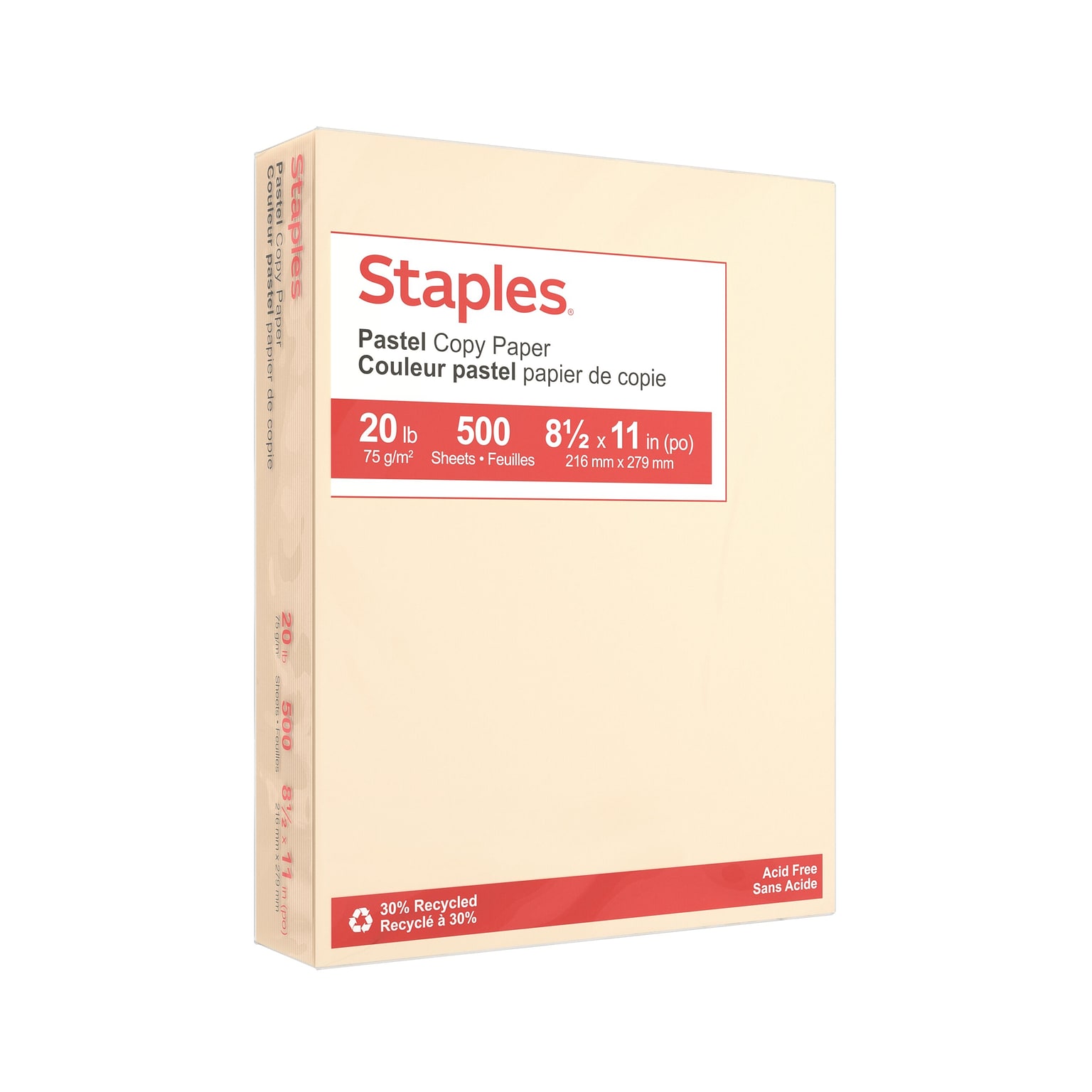 Staples Pastel 30% Recycled Color Copy Paper, 20 lbs., 8.5 x 11, Cream, 500/Ream (14789)