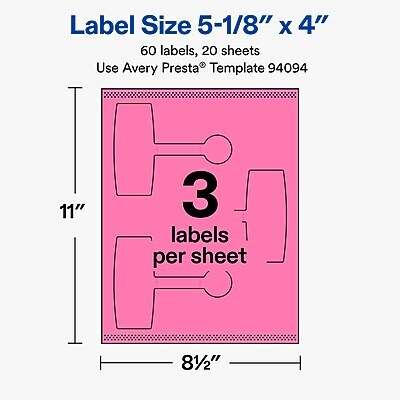Avery Laser/Inkjet Sealing Labels, 5-1/8" x 4", Bright Pink, 60 Labels/Pack (19479370725)