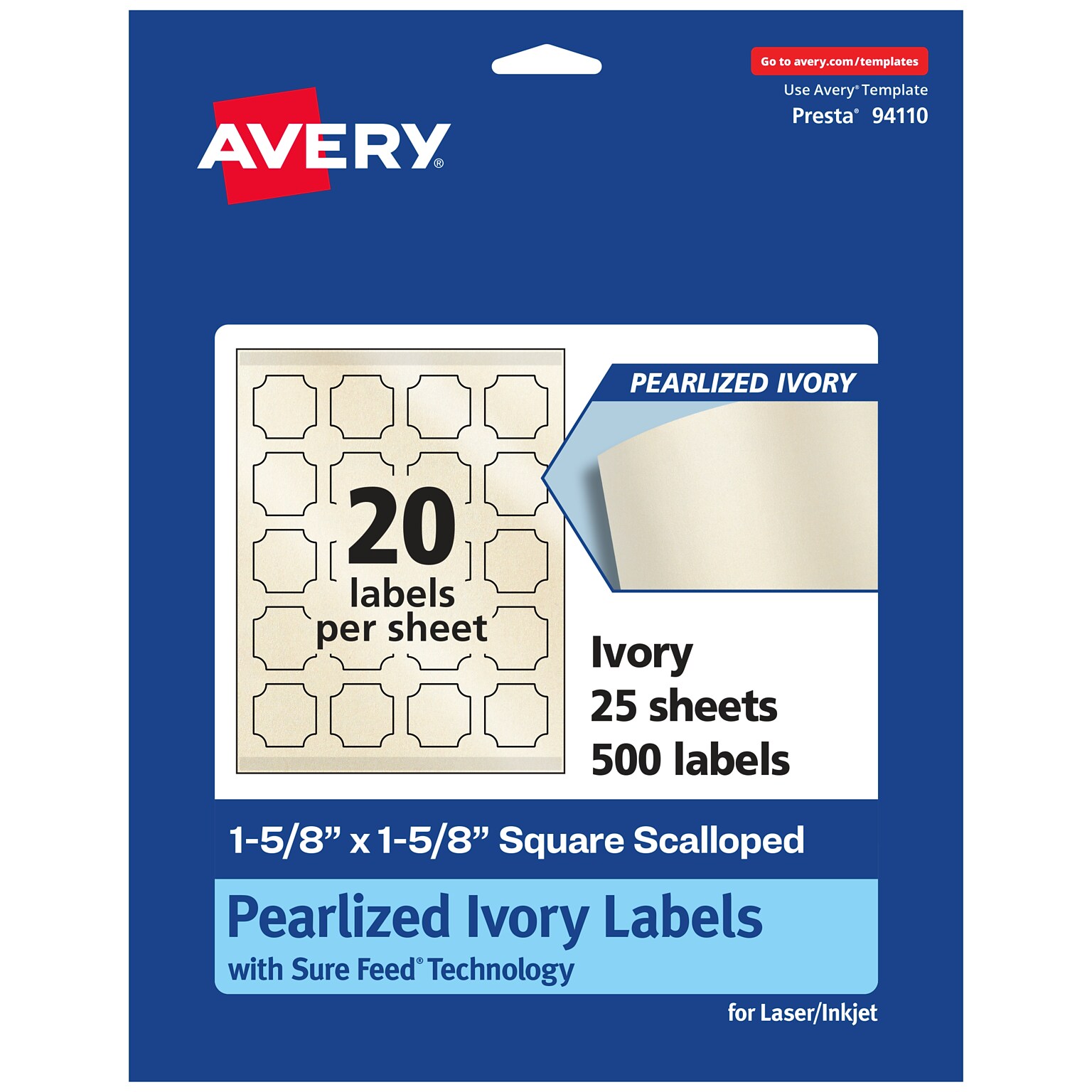 Avery Pearlized Ivory Decorative Edge Multipurpose Labels, 1-5/8 x 1-5/8, Ivory, 500/Pack (94110)