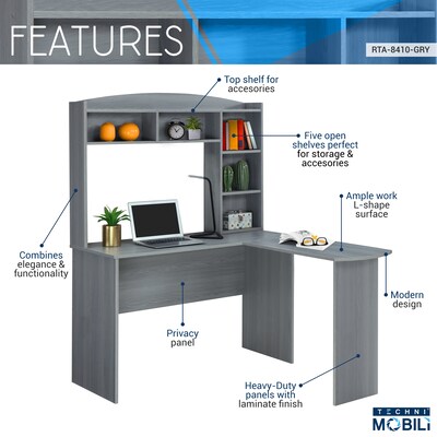 Techni Mobili 47" L-Shaped Desk, Gray (RTA-8410-GRY)