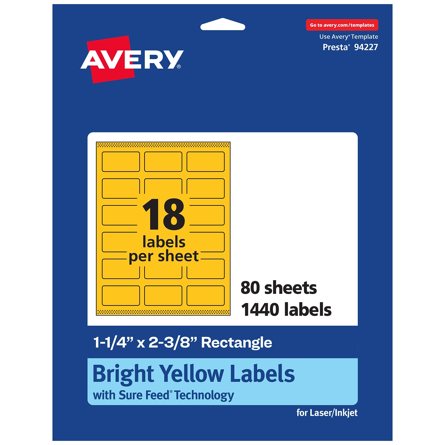 Avery Laser/Inkjet Rectangle Multipurpose Labels, 1-1/4 x 2-3/8, Bright Yellow, 1440/Box (94227)