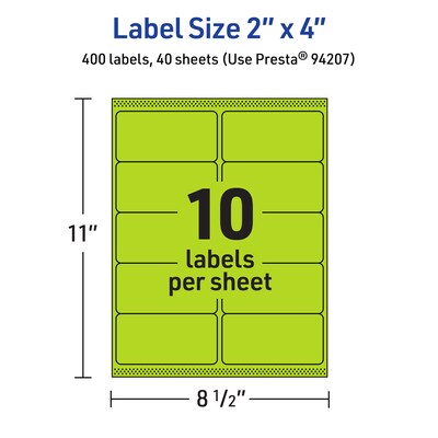 Avery Laser/Inkjet Multipurpose Rectangle Labels, 2" x 4", Bright Green, 400/Pack (94207)