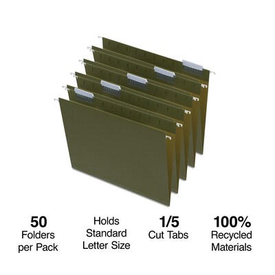 Quill Brand® 100% Recycled Hanging File Folders; 1/5-Cut Adjustable Tabs, Letter Size,Green,  50/Box