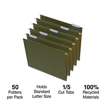 Quill Brand® 100% Recycled Hanging File Folders; 1/5-Cut Adjustable Tabs, Letter Size,Green,  50/Box