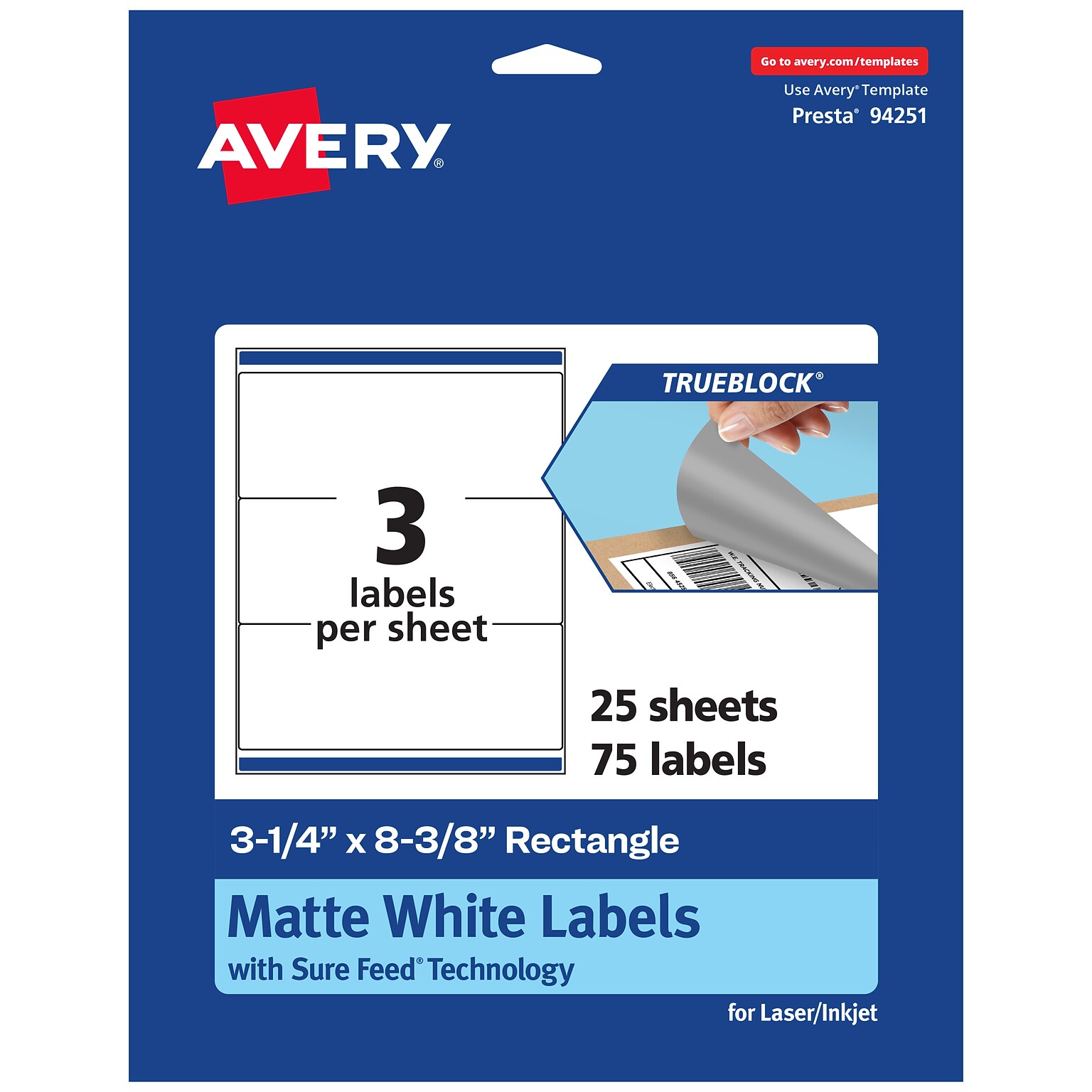 Avery TrueBlock Laser/Inkjet Rectangle Multipurpose Labels, 3-1/4 x 8-3/8, White, 75/Pack (94251)