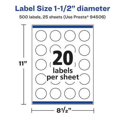 Avery Laser/Inkjet Round Multipurpose Labels, 1.5" Dia., Glossy Clear, 500 Labels/Pack (94506)