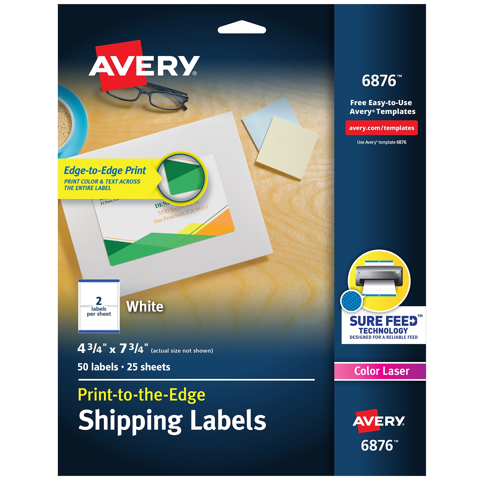 Avery Print-to-the-Edge Color Laser Shipping Labels, 4-3/4 x 7-3/4, White, 50 Labels/Pack (6876)