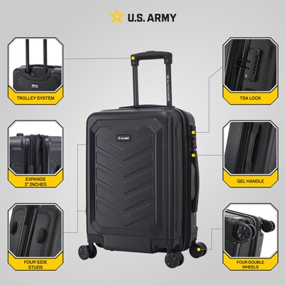 US Army FOX PRO 20 Hardside Carry-On Suitcase, 4-Wheeled Spinner, TSA Checkpoint Friendly, Black (U