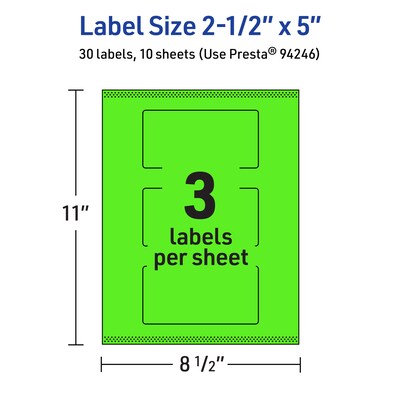 Avery Laser/Inkjet Multipurpose Rectangle Labels, 2.5" x 5", Neon Green, 30/Pack (94246)