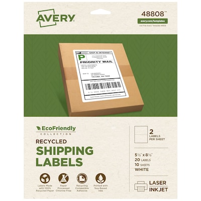 Avery EcoFriendly Laser/Inkjet Shipping Labels, 5-1/2 x 8-1/2, Matte White, 20 Labels/Pack (48808)