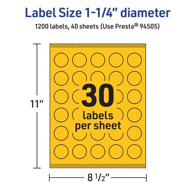 Avery Laser/Inkjet Round Multipurpose Labels, 1.25" Dia., Bright Yellow, 1200/Pack (94505)