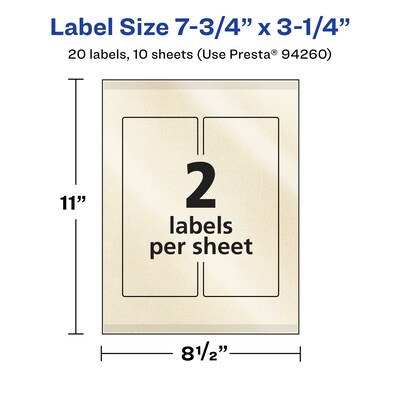 Avery Pearlized Ivory Rectangle Multipurpose Labels, 7.75" x 3.25", Ivory, 20/Pack (94260)