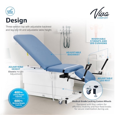Viva Comfort XRO Electric Height and Back Adjustable Exam Table with Stirrups, 600 lb Capacity, Blue (ADI903-24-BLU-MK)