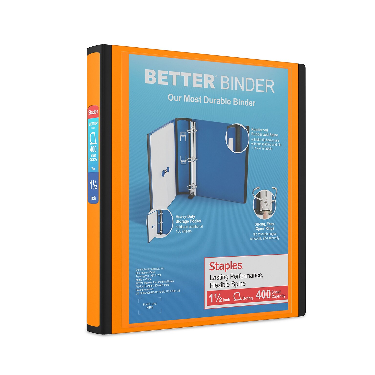 Staples Heavy Duty 1 1/2 3-Ring Better Binder, D-Ring, Orange (ST55857-CC)